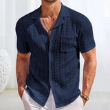 Wiaofellas  -  Vacation Seaside Beach Casual Shirts Mens Knitting Short Sleeve Button Lapel Knit Shirt Men Summer Fashion Knitted Texture Shirt