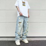 Wiaofellas  -  American Style Ripped Men's High Street Vintage Washed Destroyed Wide Leg Cotton Denim Pants Mid Waist Zipper Fly Long Trousers