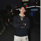 WIAOFELLAS  -  Spring and Autumn Hollow Sweater Men's Solid Color Deep V Lazy Style Pullover Sweater Thin Destructive Design Top