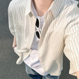 WIAOFELLAS  -  Men's Oversized Striped Casual Shirt - Korean Fashion Trend Short Sleeve Button-Down Collared Top  Stylish Layered Streetwear