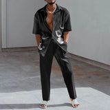 WIAOFELLAS  -  New Spring/Summer Fashion Shirt Set Men's 3D Printed Collar Short Sleeve Casual Solid Color Set Hawaiian Shirt Holiday Men's Set