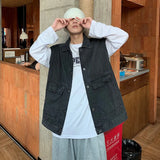 Wiaofellas  -  Retro Washed Denim Vest Jacket Loose Unisex Sleeveless Autumn Versatile Couple's Shoulder Pad Jacket Youth Casual Style