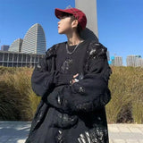 WIAOFELLAS  -  Ragged Woolen Sweater Loose Fitting Men's Couple Outfit Knitted Sweater for Students Hong Kong Style Retro American Casual Wear