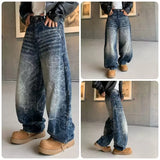 Wiaofellas  -  Unisex Vintage Crack Lightning Print Baggy Jeans High Waist Curved Banana Wide Leg Loose Oversized Streetwear Denim Trousers