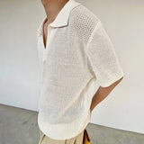 WIAOFELLAS  -  Summer New Men's Solid Color Hollow Short Sleeve T-shirt American Retro Fashion Trend Loose Simple Breathable Men's Tops