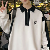 WIAOFELLAS  -  Spring and Autumn Fashion Trend Half Zip Polo Collar Panel Contrast Color Casual Loose Fit Student Versatile Simple Sweater