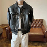 Wiaofellas Autumn American Vintage PU Leather Coats Men's Loose Short Motorcycle Faux Leather Jacket Couple Metal Zipper Cargo Outwear