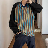 WIAOFELLAS  -  Men T Shirt Striped Patchwork V Neck Long Sleeve Male Tee Tops Korean Style Streetwear Loose Fashion Casual Men Clothing