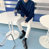 Wiaofellas Lapel Men's Waffle Sweater Loose Autumn Winter Thickening Knitting Tops New Korean Trend Blue Kinttwear Tops 2D1778