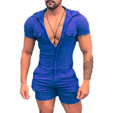 Wiaofellas  -  Men's Solid Color Hooded Bodysuit Zip Shorts One Piece Set