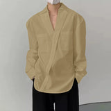 WIAOFELLAS  -  Men Shirt Solid Lapel Long Sleeve Loose Casual Men Clothing Korean Style Streetwear Pockets Fashion Tops Male Shirts