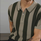 WIAOFELLAS  -  New Chic Striped Polo Shirt Light Luxury Hollow Out Knitted T-shirts Korean Style Zipper Short Sleeve Tops Breathable Knitwear