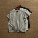 Wiaofellas  -  Summer New American Retro Short Sleeve Henry Collar Solid Color T-shirt Men's Simple 71% Cotton Washed Casual Loose Tops