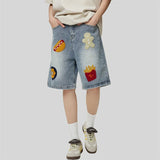 WIAOFELLAS  -  Denim Short Men Hip Hop Baggy Jeans Men Streetwear Vintage Y2K Harajuku Straight Gingerbread Man Appliques Washed Mens Shorts