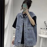 Wiaofellas  -  Retro Washed Denim Vest Jacket Loose Unisex Sleeveless Autumn Versatile Couple's Shoulder Pad Jacket Youth Casual Style