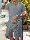 WIAOFELLAS  -  Spring Summer Casual Mens Outfits Short Sleeve O Neck Jacquard T Shirt And Shorts Two Piece Sets Men Vintage Solid Color Suits