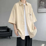 WIAOFELLAS  -  Fashion Men's Solid Color Pocket Design Short Sleeves Blouse Trendy Single-breasted Lapel Casual Shirts Male Summer