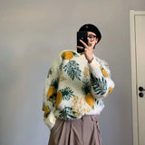 WIAOFELLAS  -  Korean style knitted pullover sweater men's trendy pineapple jacquard round neck top casual loose lazy style men's clothing