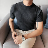 WIAOFELLAS  -  Summer Knitted T Shirt Men Thin Solid Color Half High Neck Striped Short-sleeved Slim T-shirt Streetwear Tops White Black Dark G