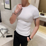 WIAOFELLAS -  Summer New Men Fitness Short Sleeve Leisure Round Collar Slim Fit T-shirts Male Fashion Korean Solid Color Tops Shirts L18