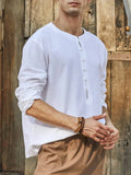 Wiaofellas  -  Cotton Linen T-shirts Men Long Sleeve Pure Color Vintage Buttoned O Neck Pullover Tops Breathable Thin Loose Casual Mens T Shirt