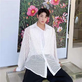 WIAOFELLAS  -  Fashion Men's Lace Plaid Solid Color Casual Loose Shirts Trendy Single-breasted Turn Down Collar Blouses Male Summer