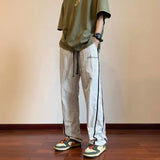 WIAOFELLAS  -  Summer Stripe Quick Drying Casual Pants Men Solid Patchwork Embroidery Elastic Waist Drawstring Pocket Loose Straight Trousers