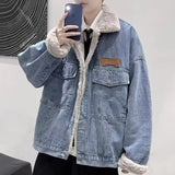 WIAOFELLAS  -  Winter Denim Jacket Men American Style Fleece Lined Thick Warm Cotton Coat Loose Fit Casual Korean Fashion Outerwear Tops Unisex