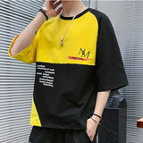 Wiaofellas  -  Fashion Loose Spliced Printed Letter Asymmetrical T-Shirt Men's Clothing Summer New Casual Pullovers All-match Tee Shirt