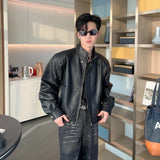 WIAOFELLAS  -  High Sense Standing Collar Shoulder Padded Motorcycle Jacket PU Leather Jacket Spring and Autumn Men Short Loose Leather Coat