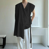 Wiaofellas  -  Men's Shirt Solid Color Pleated Sleeveless Shawl Tops Streetwear Summer Loose Camisas Masculina Fashion Men Clothes