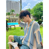 WIAOFELLAS  -  Shirts for Men Summer Americian Retro Style High-end Designed Niche Blue and White Contrast Knitted Hollow Short-sleeved Shirt