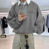 WIAOFELLAS  -  Men Shirt Striped Patchwork Lapel Long Sleeve Loose Men Clothing Streetwear Korean Style Fashion Casual Tops Male Shirts