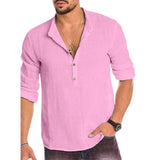 WIAOFELLAS  -  Long-sleeved Loose Solid Color Cotton Shirt XXL Clothing Pullover Vee-neck Stand Beach Traveling Menswear Summer