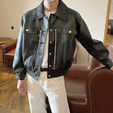 Wiaofellas Autumn American Vintage PU Leather Coats Men's Loose Short Motorcycle Faux Leather Jacket Couple Metal Zipper Cargo Outwear