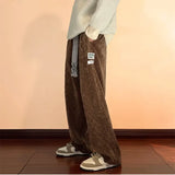 WIAOFELLAS  -  Wide Leg Pants Men Autumn Winter Corduroy Chic Plaid Loose All-match Male Clothing Drawstring Streetwear American Hip Hop Design