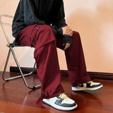 Wiaofellas  -  Red Wine Color Men's Casual Straight Leg Workwear Pants Autumn Season American Style Loose Fit Trousers Harajuku Street Style