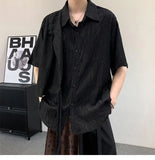 WIAOFELLAS  -  Short Sleeved Men's Shirts Casual Solid Color Hollow Out Jacquard Lace-up Loose Single Breasted Male Tops Trendy