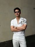 Wiaofellas  -  Summer Embroidered V-neck T-shirt for Men Cotton Short Sleeved Casual T-shirt Relaxed Beach Vacation T-shirts Men Clothing