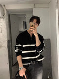 WIAOFELLAS  -  Korean semi-zipper striped color-blocking men's autumn and winter style trendy and versatile warm lapel sweater jacket
