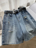 WIAOFELLAS  -  2025 New Men's Summer Solid Color Thin Shorts Male High Street Loose Denim Shorts Men Ripped Holes Straight Short Pants P895