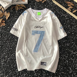 WIAOFELLAS  -  Hip-hop American Retro Top V-neck Spliced letter Printed Short-sleeved Shirt Summer Casual Sports Breathable Jersey Men Women