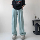 Wiaofellas  -  Vintage Solid Color Pleated Ice Silk Pants Men Summer New Casual Loose Drawstring Wide Leg Trousers Mens Streetwear Pants