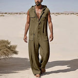 Wiaofellas  -  Retro Button-up Hooded Romper Mens Casual Loose Straight Pant Overalls Men Jumpsuits Spring Summer Vintage Solid Color Jumpsuits