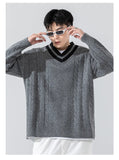 Wiaofellas Autumn Mens Winter Knitted Sweaters Oversized Male Black Pullover V Neck Jumpers Men's Vintage Striped Knitwear Men Clothing