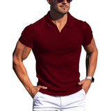 Wiaofellas  -  Men's Ribbed V-Neck Polo Shirt Summer Breathe Slim Fit Short Sleeve T-Shirt Men Casual Business Fashion T-Shirt