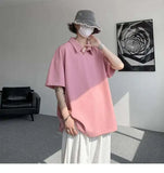 WIAOFELLAS  -  Trendy Summer Men‘s Solid Color Ice Silk Casual T-shirts New Fashion Turn Down Collar Short Sleeve Loose Tops Male