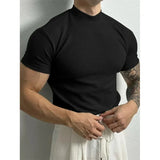 Wiaofellas  -  Spring Summer Elastic Comfortable Men's T-shirt Small High Collar Stripe Shirt Short Sleeve Fitness Tops Sports Casual T-shirt