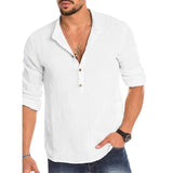 WIAOFELLAS  -  Long-sleeved Loose Solid Color Cotton Shirt XXL Clothing Pullover Vee-neck Stand Beach Traveling Menswear Summer