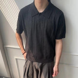 Wiaofellas  -  Summer Men Knitted Polo Shirt Retro Wheat Jacquard Solid Color Short Sleeve T-shirt Korean Casual Light Luxury Textured Knitwear
